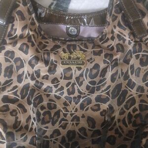 Coach Brown and Black Leopard-Print Tote with Gold Plaque